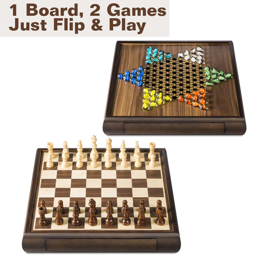 ELONGDI double-sided board ready for chess on one side and Chinese checkers on the other