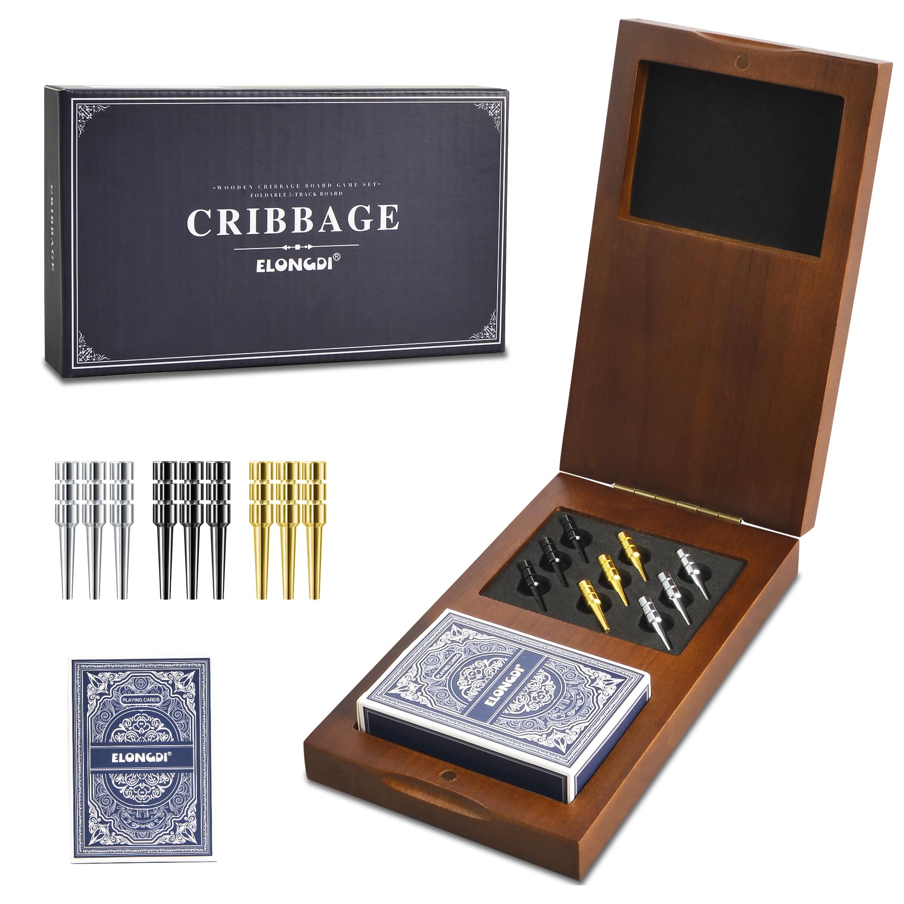 ELONGDI foldable cribbage board with magnetic closure for secure, portable storage.