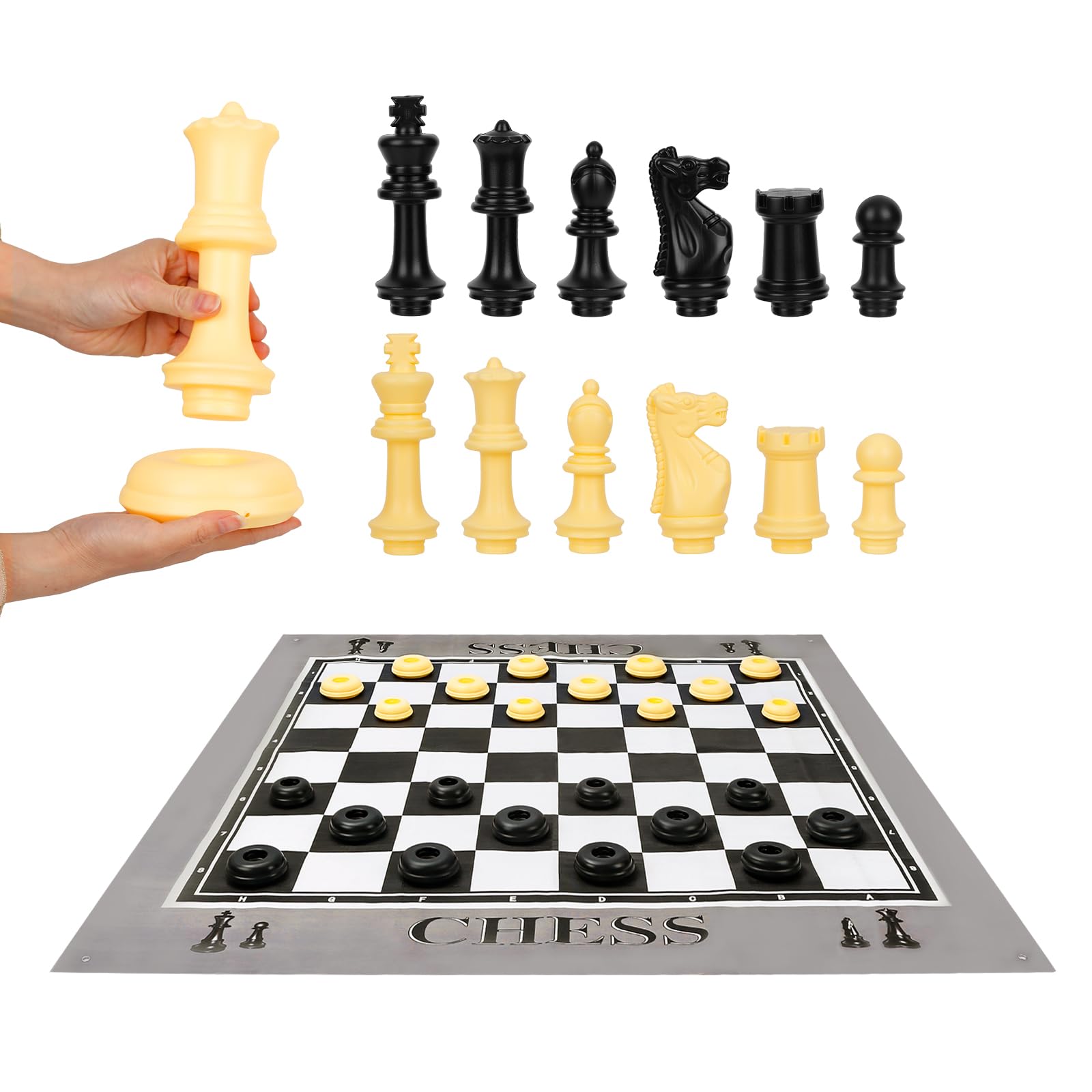 ELONGDI giant outdoor chess set grass spikes securing board on lawn.