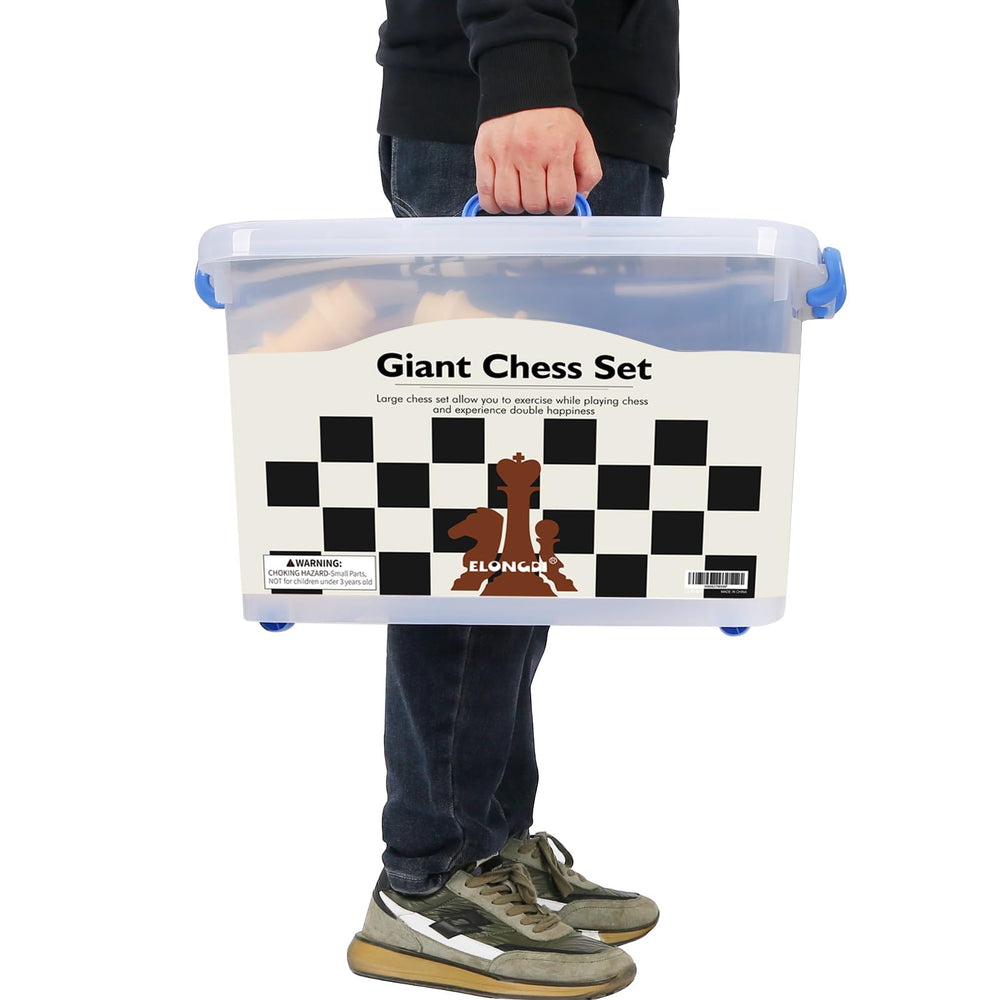 ELONGDI giant outdoor chess set waterproof mat resists moisture for park, beach, or patio games.