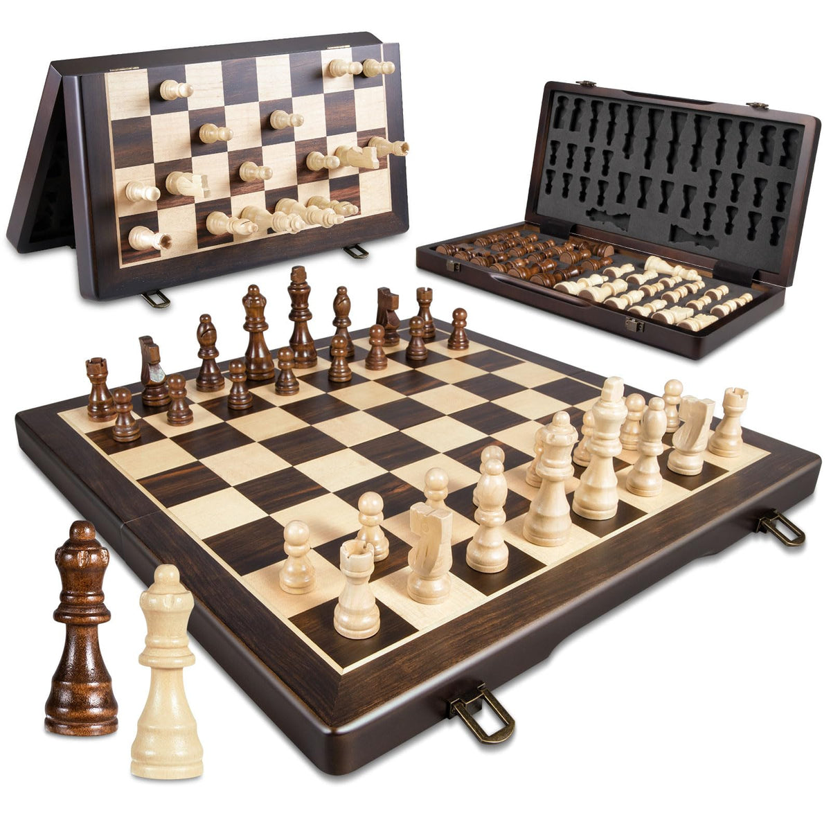 ELONGDI magnetic wooden chess board open for stable, engaging play.