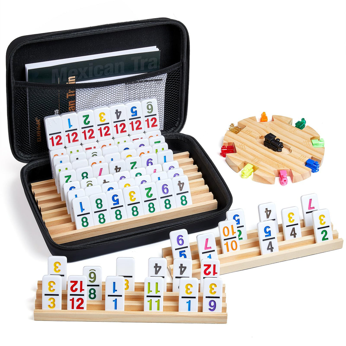 ELONGDI Mexican Train Dominoes tiles arranged for quick setup and clear visibility.
