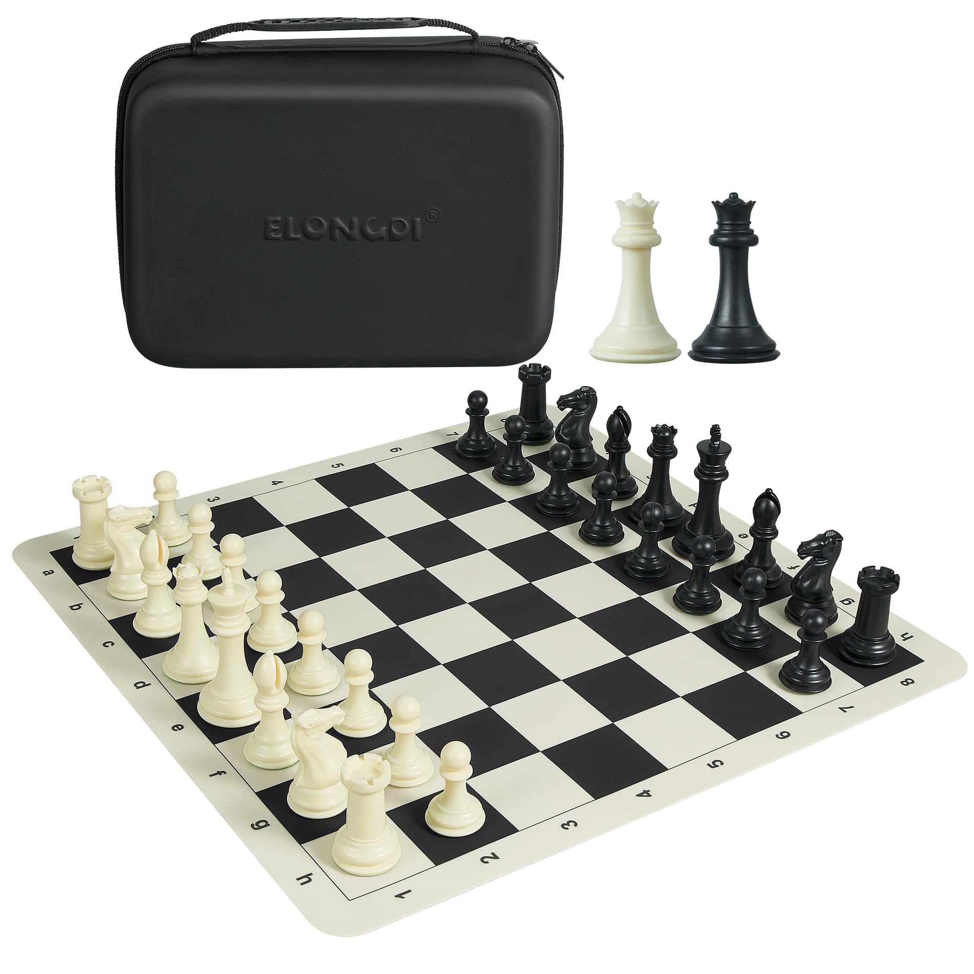 ELONGDI tournament chess set shown for travel-ready on-the-go games