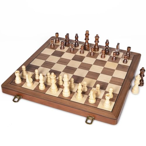 ELONGDI wooden chess board unfolded showing full playing surface for games.
