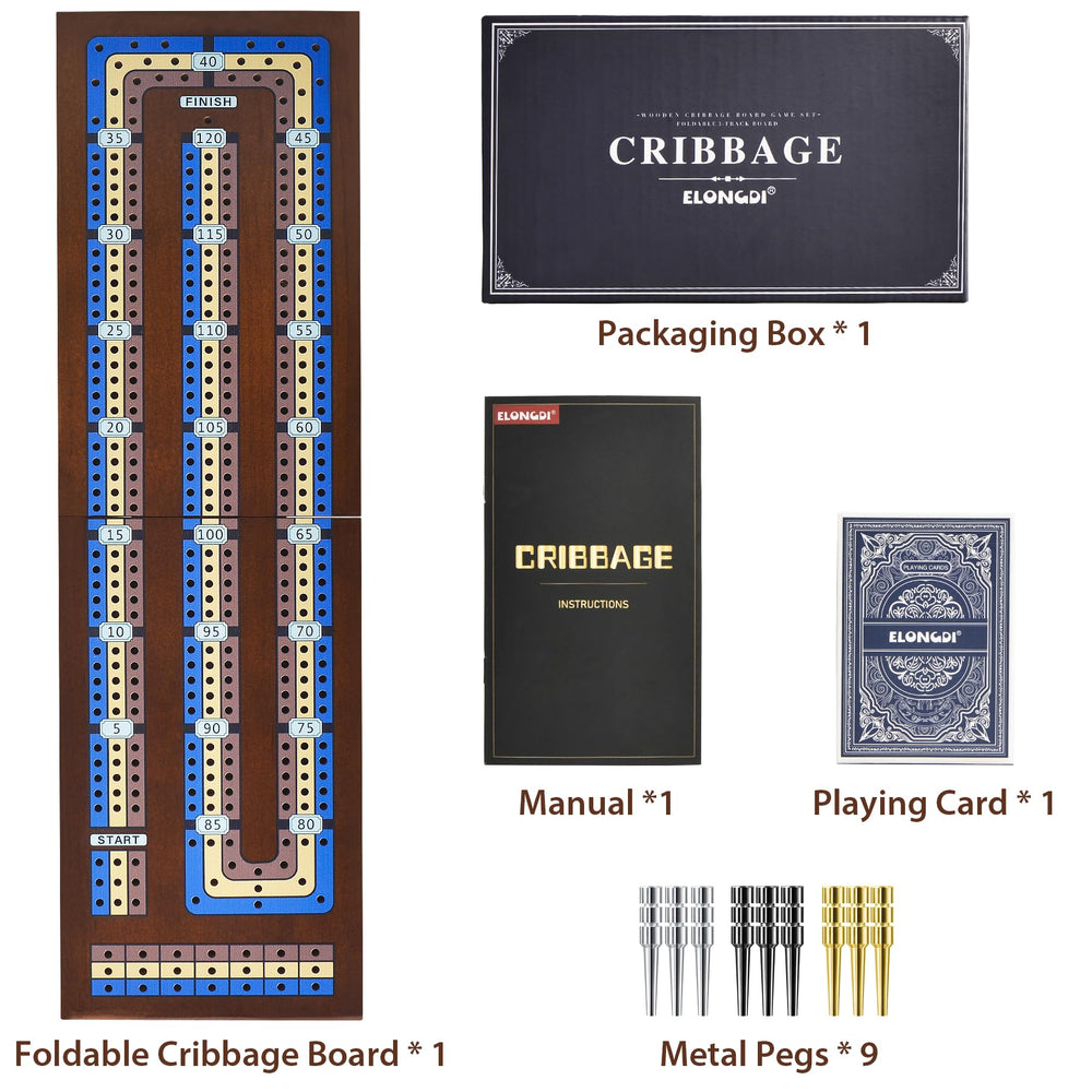 ELONGDI wooden cribbage board showing built in peg slots for neat storage.