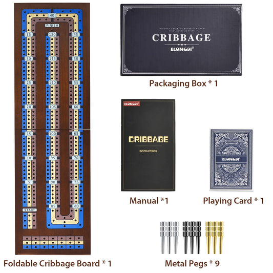 ELONGDI wooden cribbage board showing built in peg slots for neat storage.