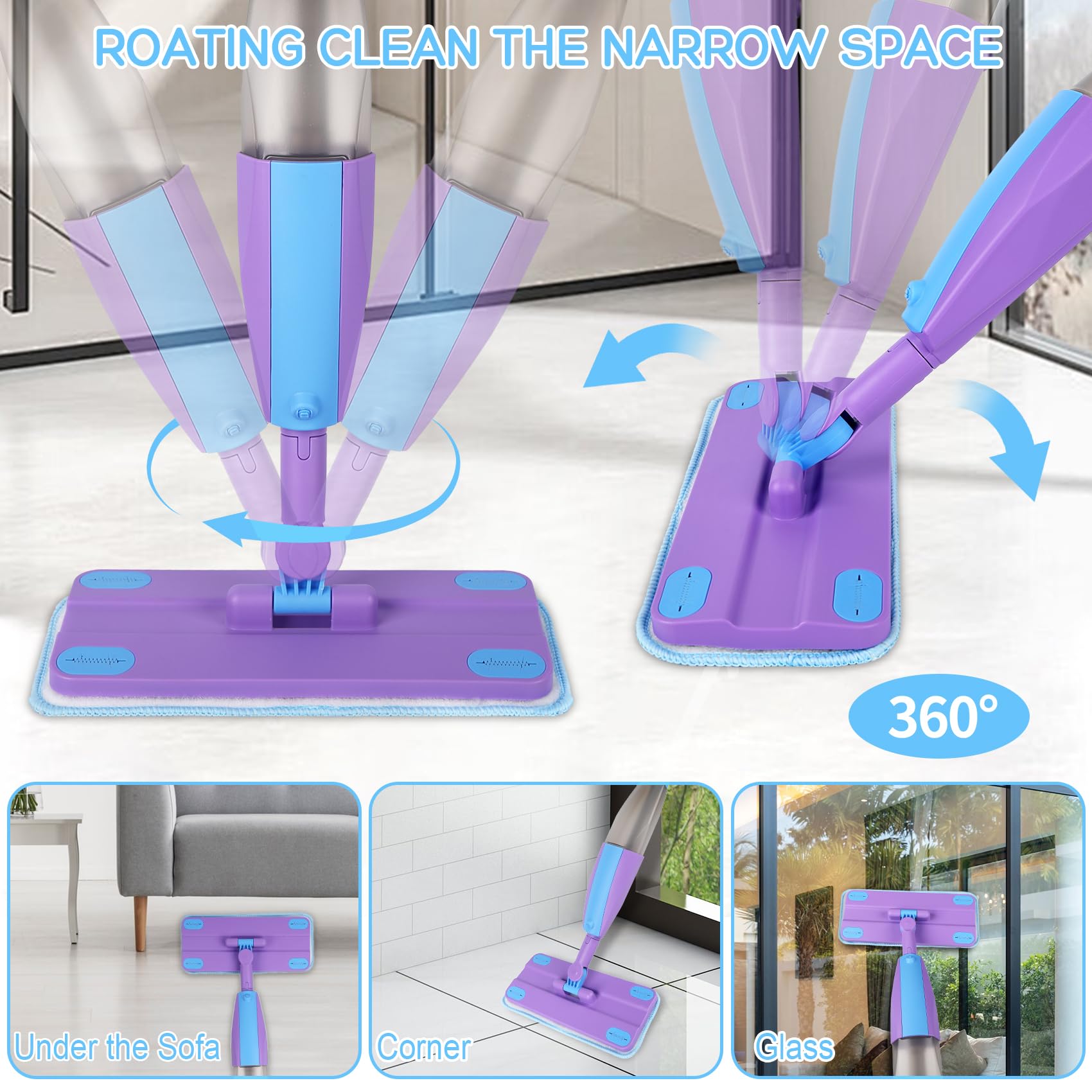 Eloslos spray mop rotating head reaches corners during play