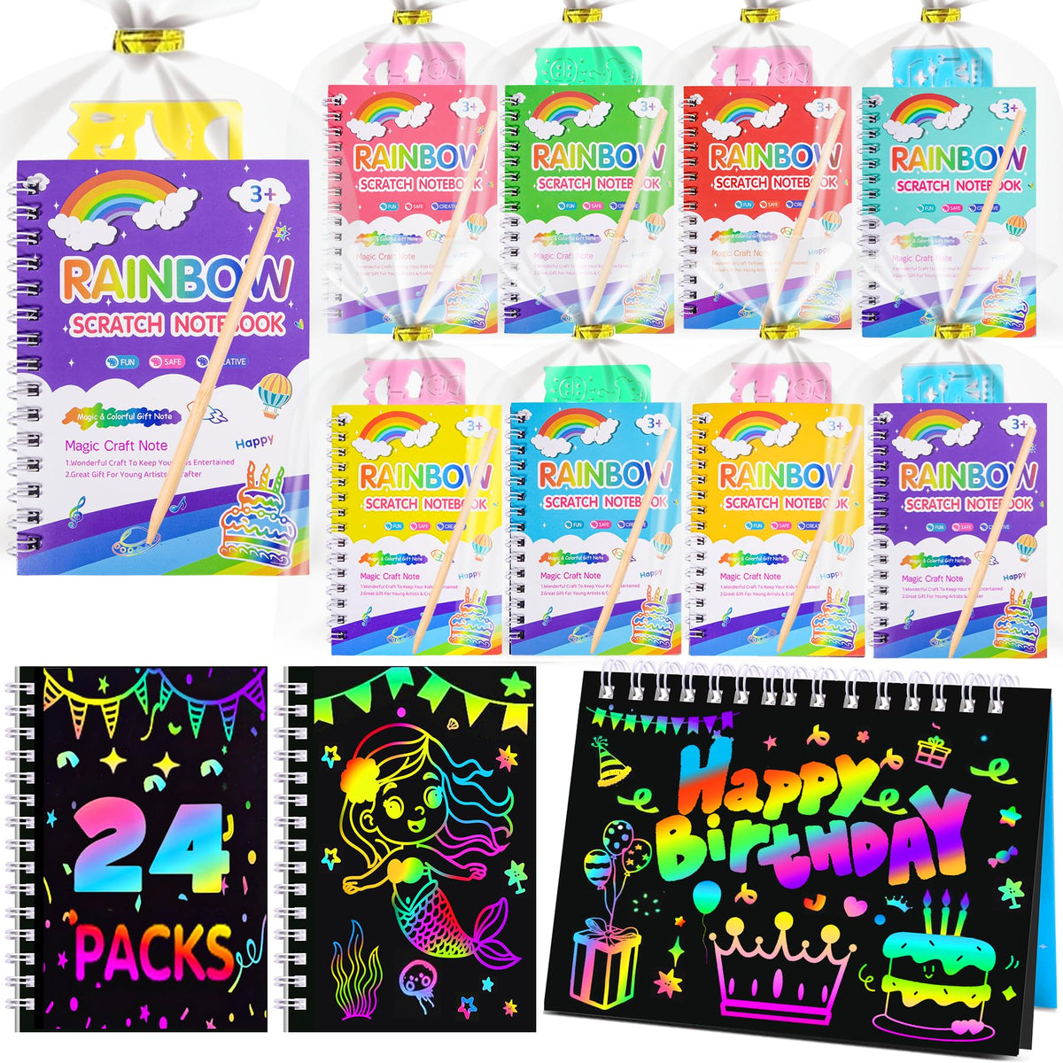 Elover scratch art notebooks 24-pack with rainbow reveals for kids