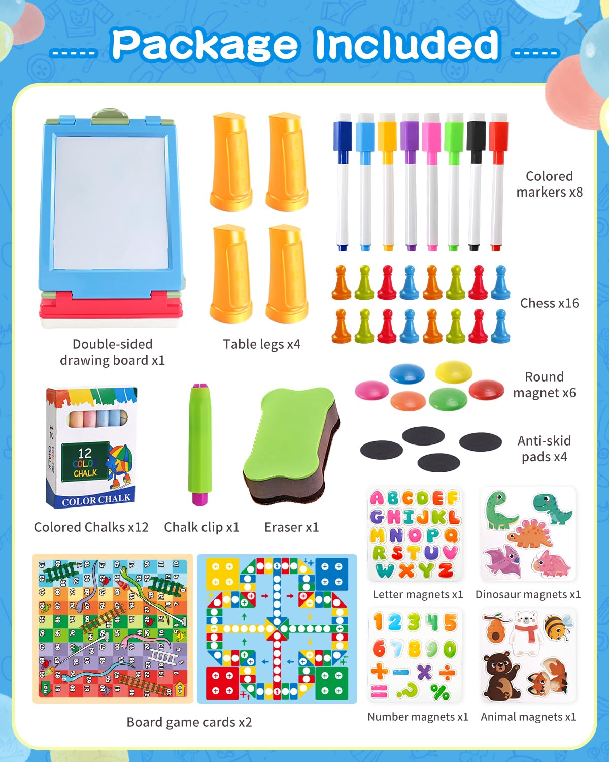 Elovien Kids Easel includes magnets, chalks, and markers for immediate art play.