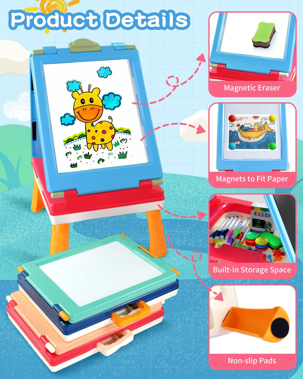 Elovien Kids Easel chalkboard side for freehand drawing and practice.