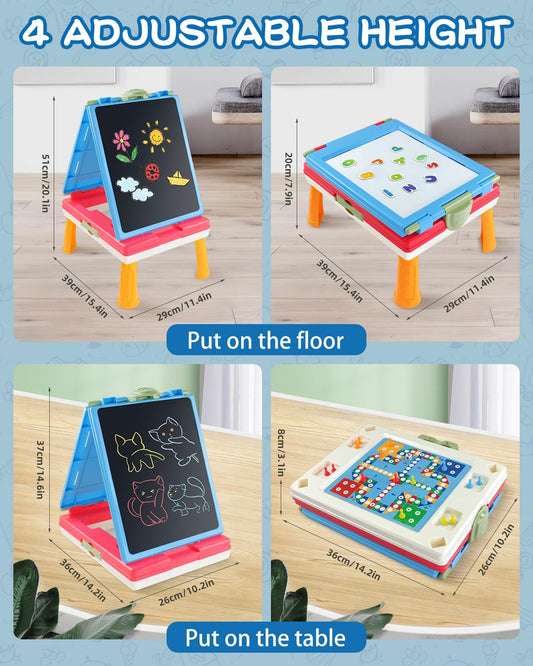 Elovien Kids Easel magnetic whiteboard for interactive card activities.