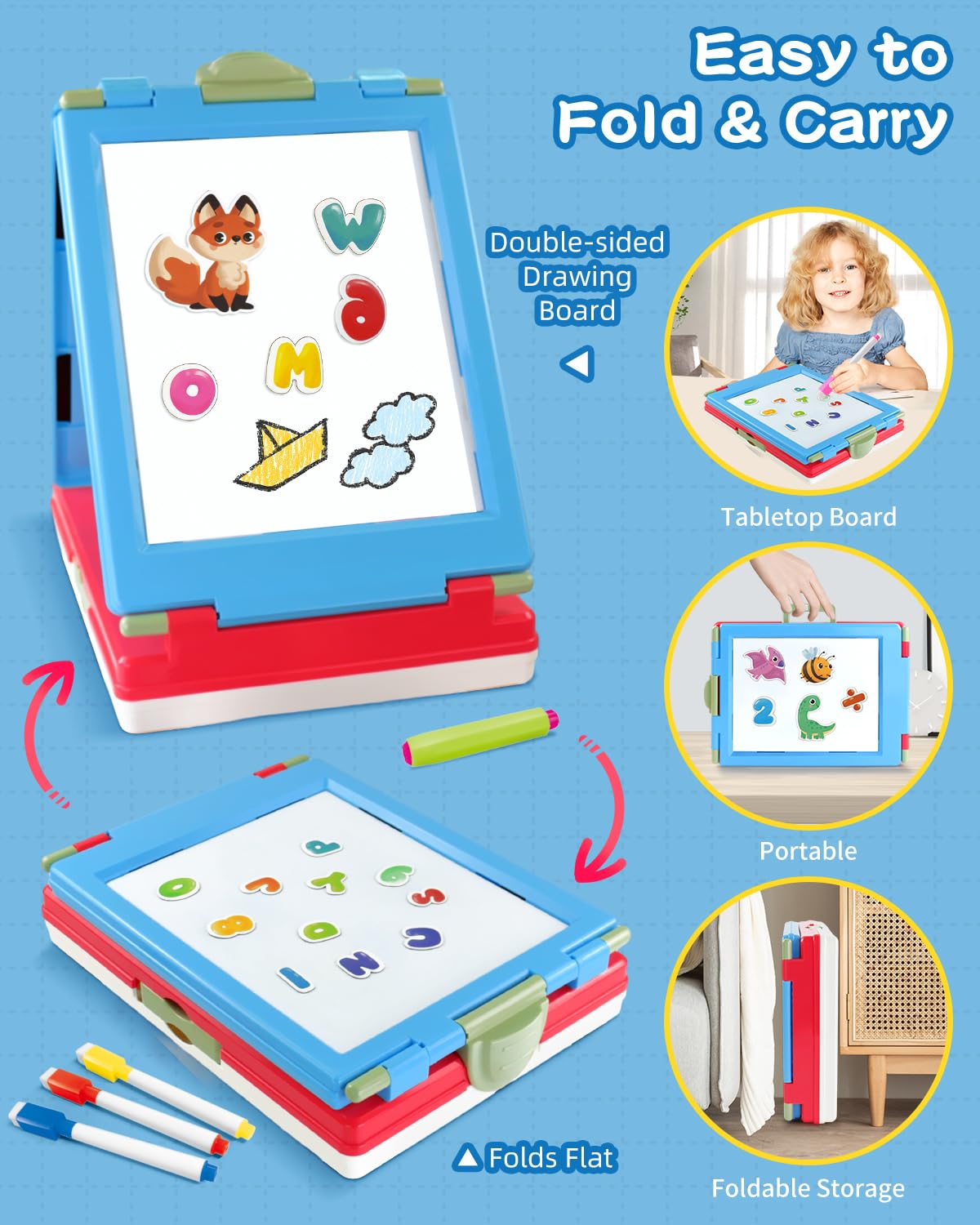 Elovien Kids Easel tabletop foldable design with built-in storage for tidy play.