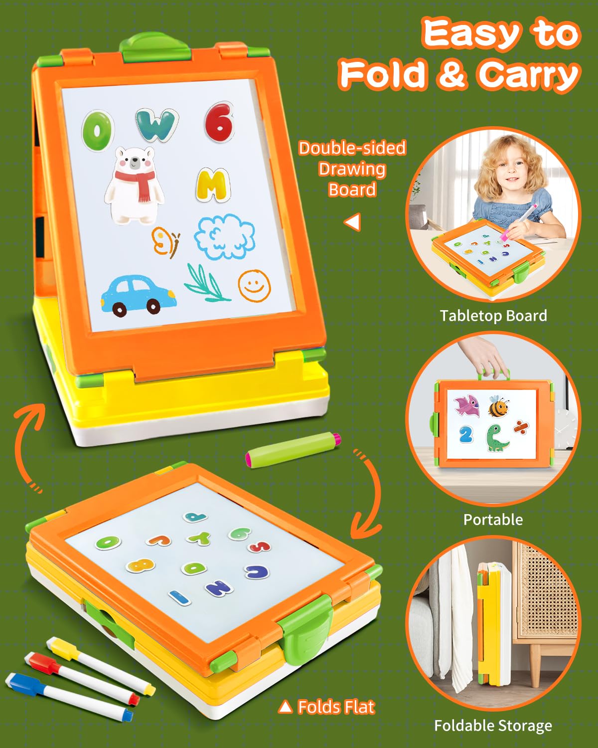 Elovien easel magnetic whiteboard close-up highlighting learning magnets