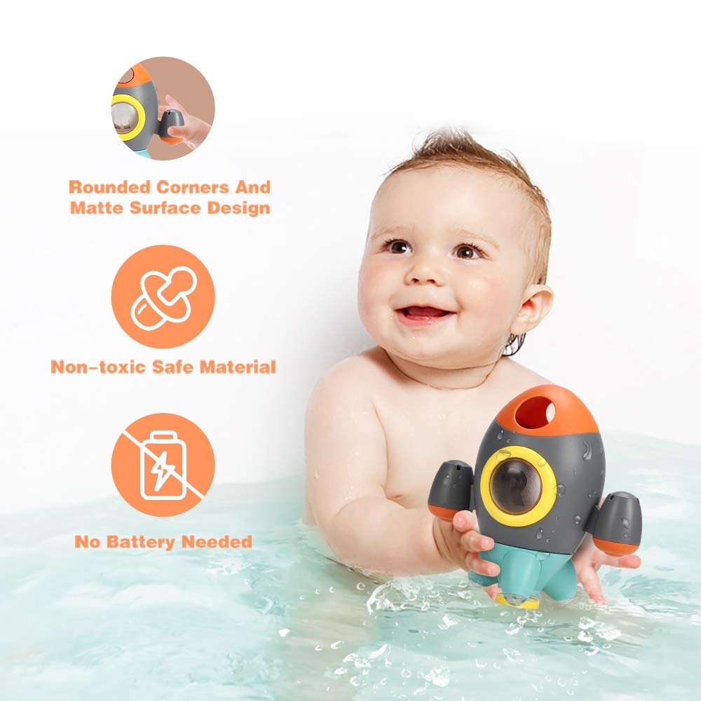 Elovien rotating fountain rocket bath toy demonstrates dome splash and playful motion.