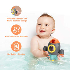 Elovien rotating fountain rocket bath toy demonstrates dome splash and playful motion.