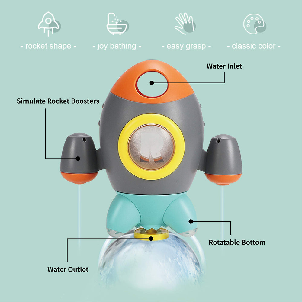 Elovien rocket bath toy stands up out of water and doubles as a regular toy.