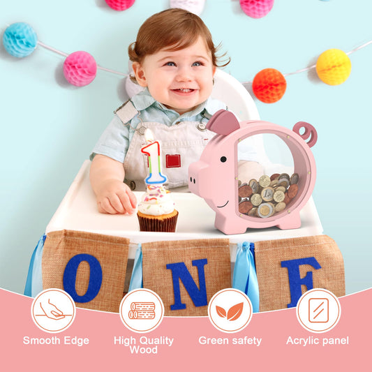 ELX Pink Piggy Bank for Girls side view highlighting durable wooden construction.