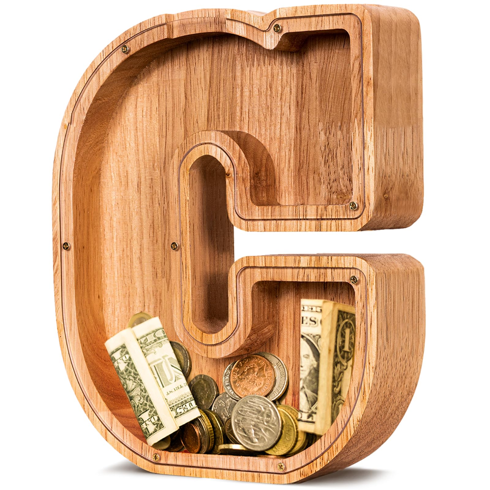 ELX wooden piggy bank for kids with window showing real-time savings progress