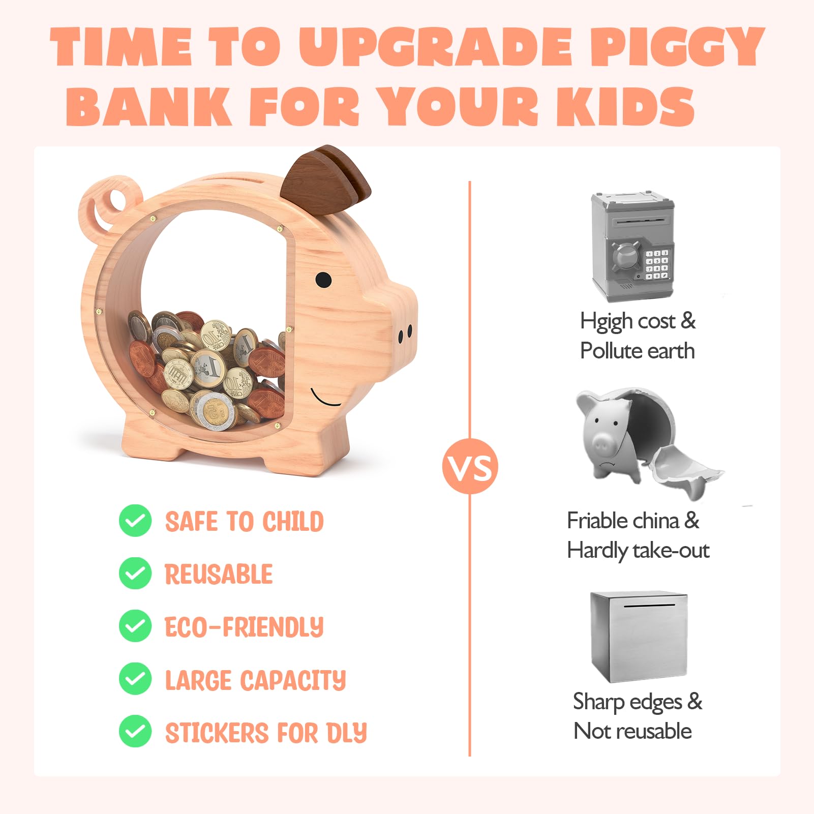 ELX piggy bank in natural wood with non-toxic paints