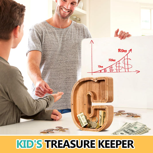 ELX wooden piggy bank personalized with letter engraving for a unique gift