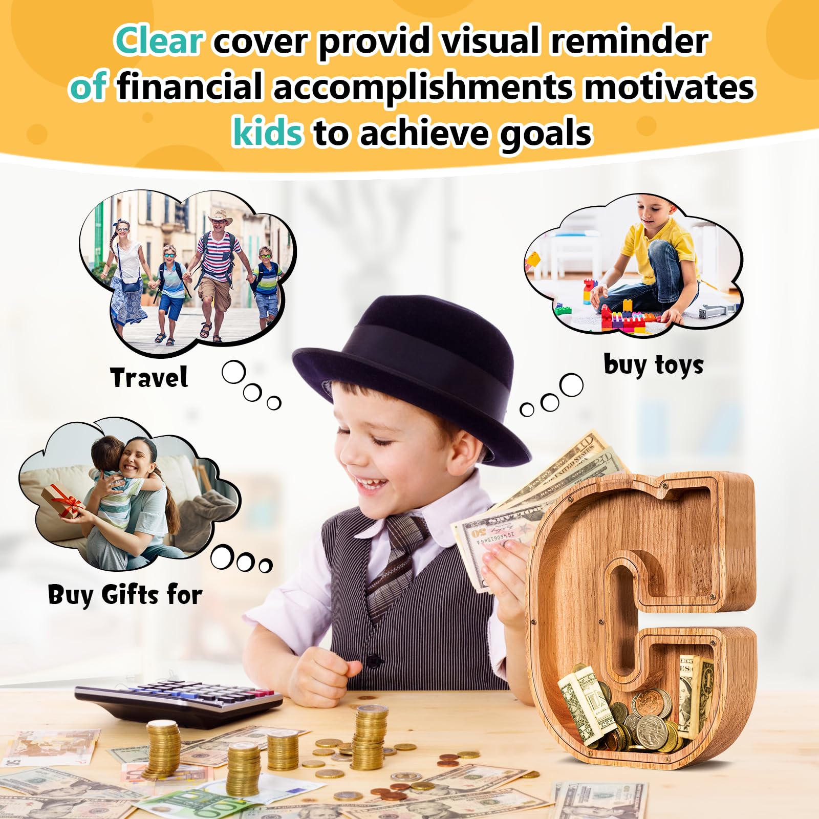 ELX wooden piggy bank with removable lid for easy coin access