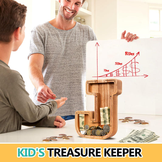 ELX piggy bank with a smooth, polished wood finish for safe handling