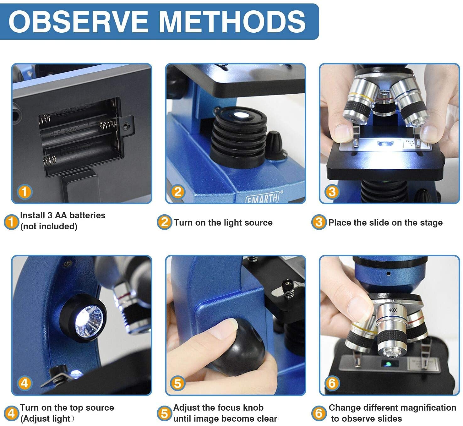 Emarth microscope displaying six color filters for enhanced contrast