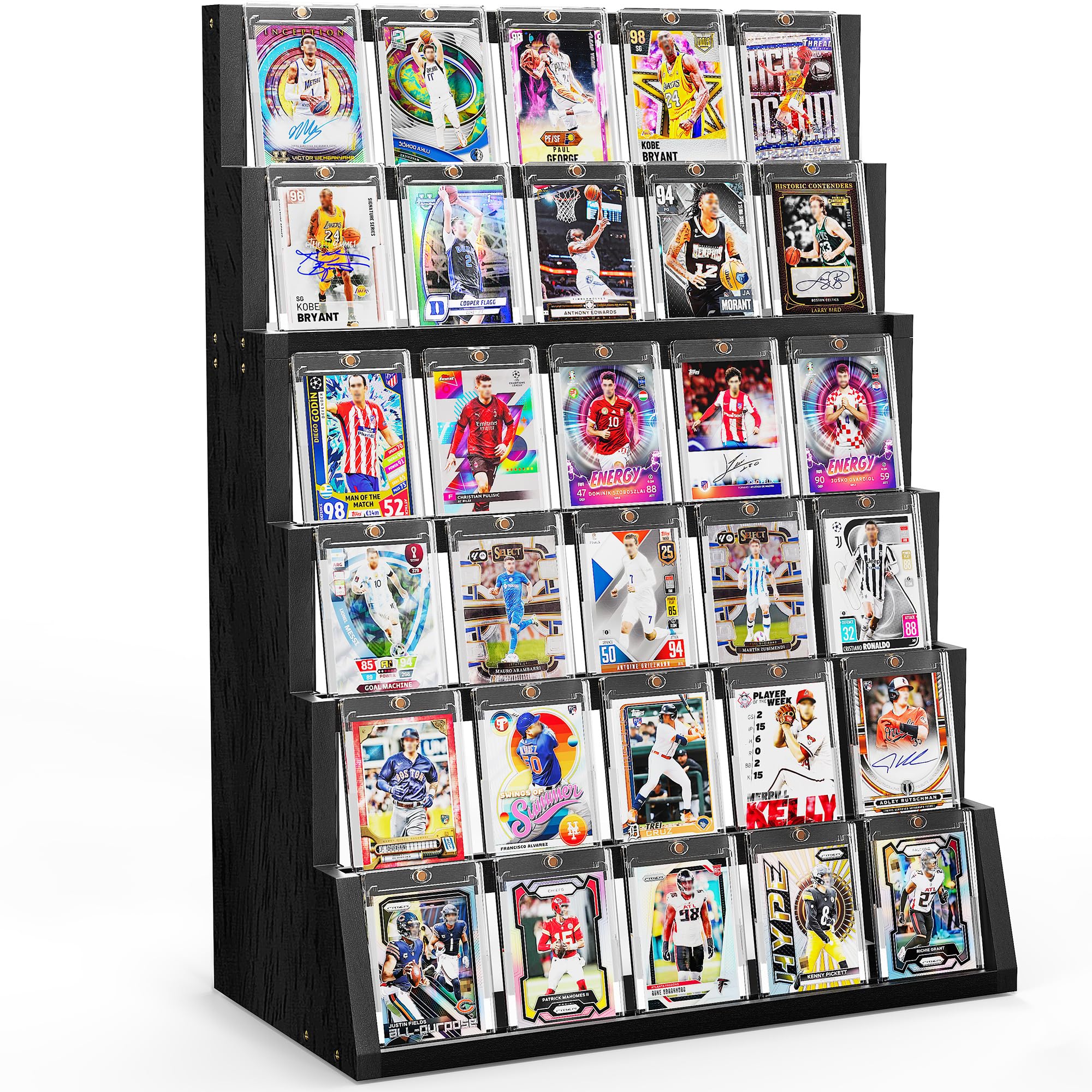 Emfogo 6-tier wood card display top view with rustic craftsmanship and clear visibility