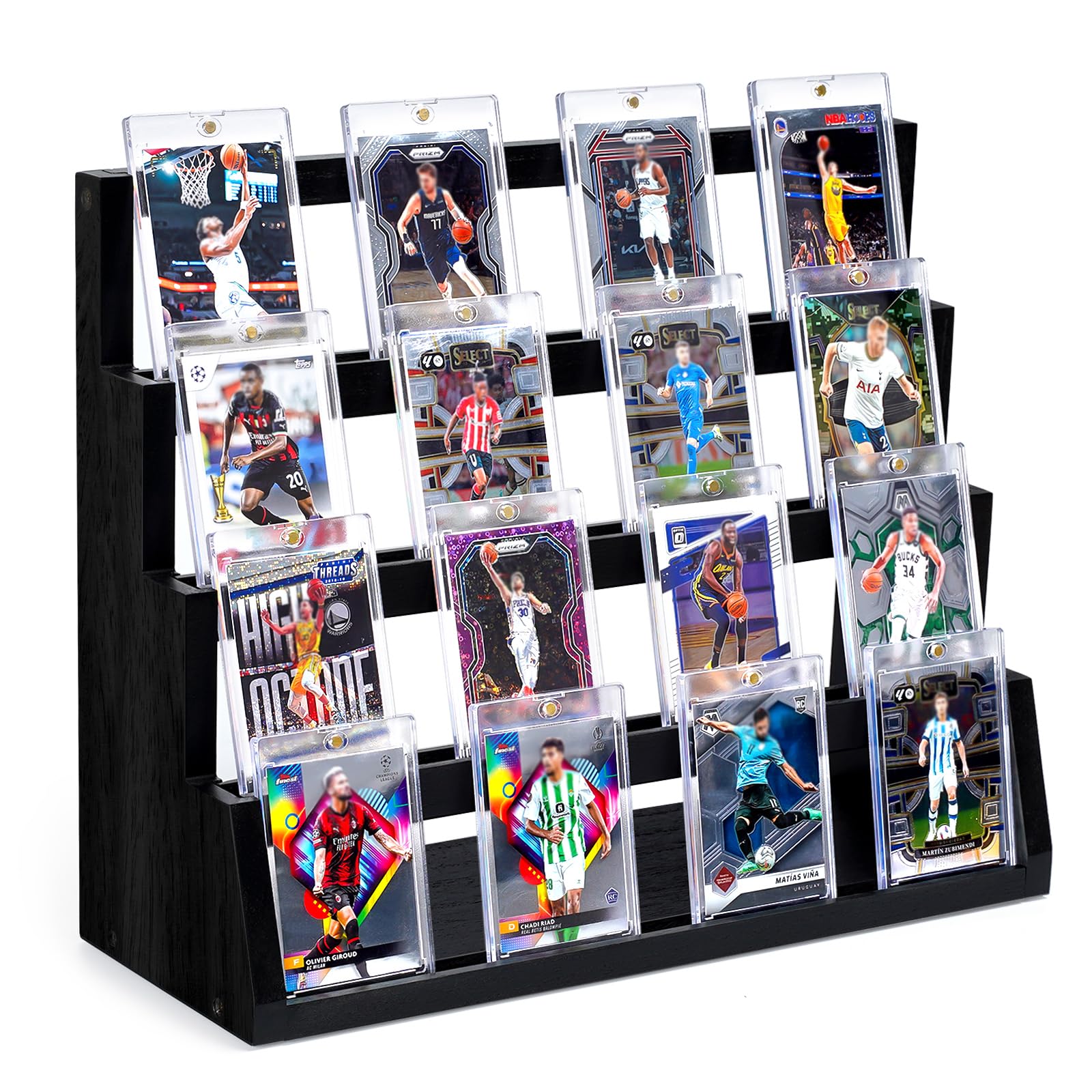 Emfogo four-tier wooden card display stand showing a stepped layout for organized viewing