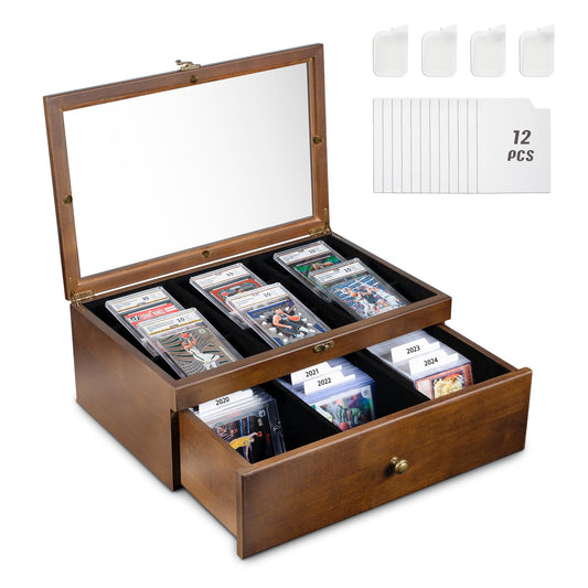 Emfogo card storage box front view with walnut wood finish for elegant display