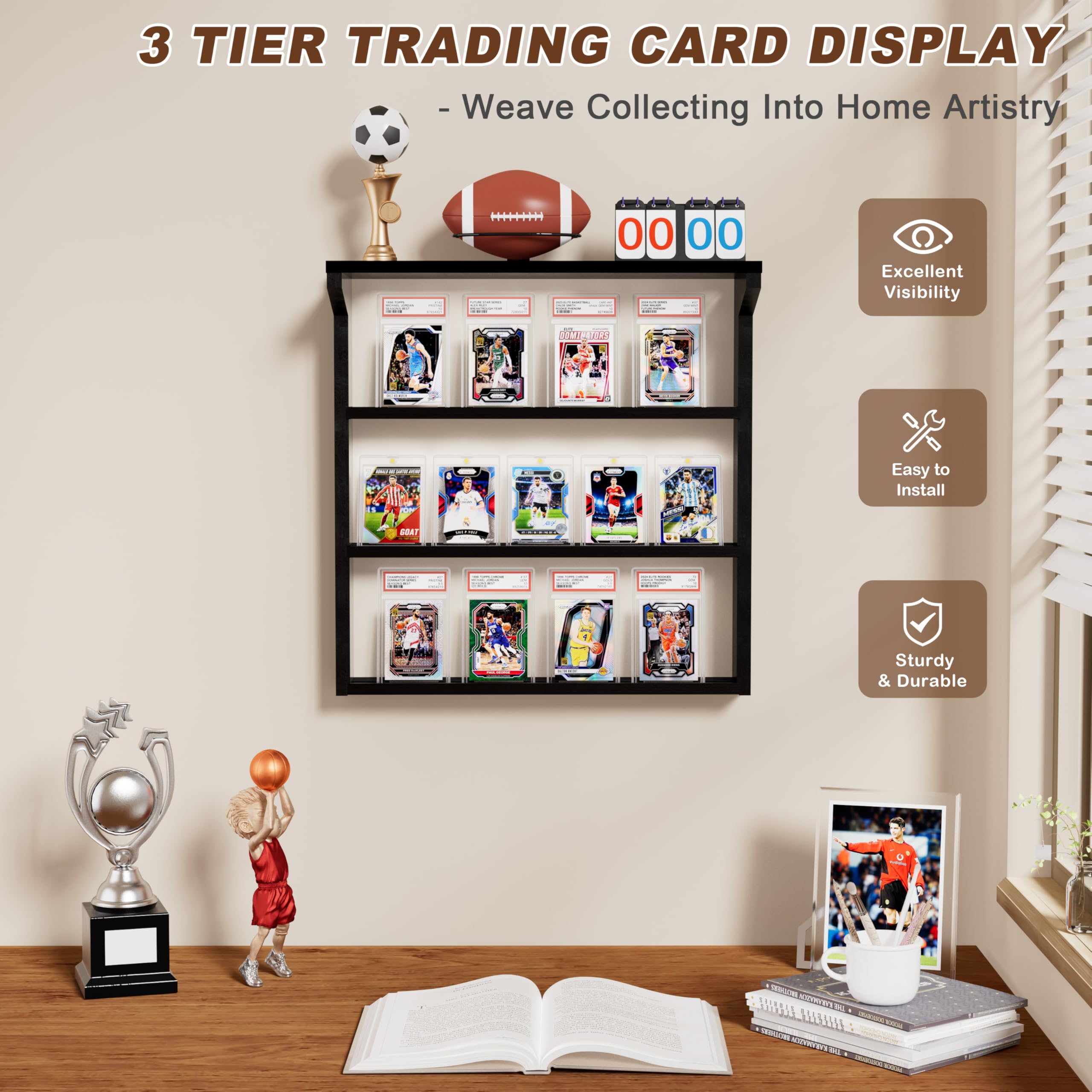 Emfogo three dedicated shelves optimize sports card display in any room.