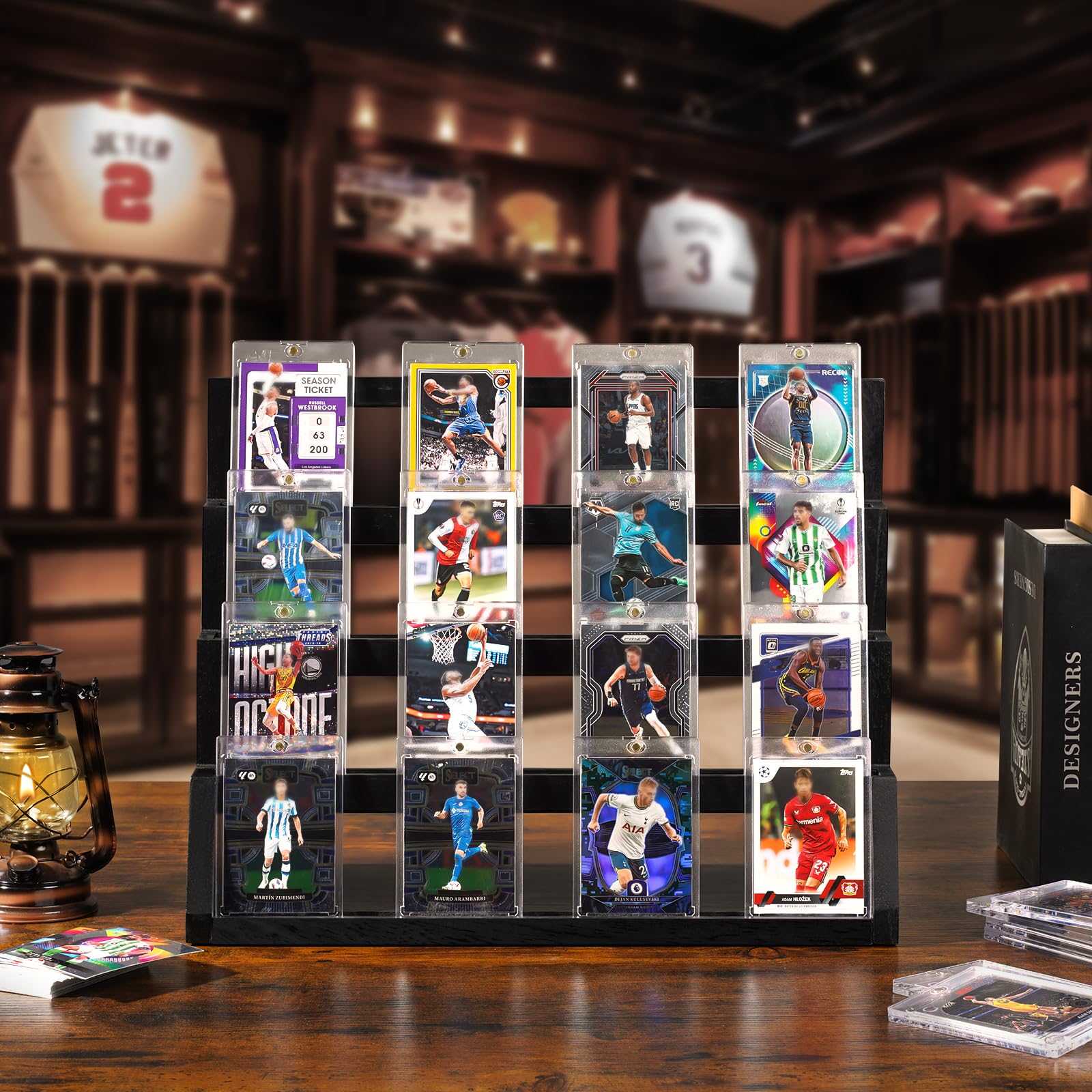 Emfogo rustic black display highlighting a card collection on a desk