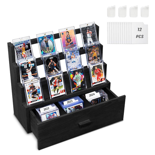 Emfogo 3-tier wooden trading card display on shelf.