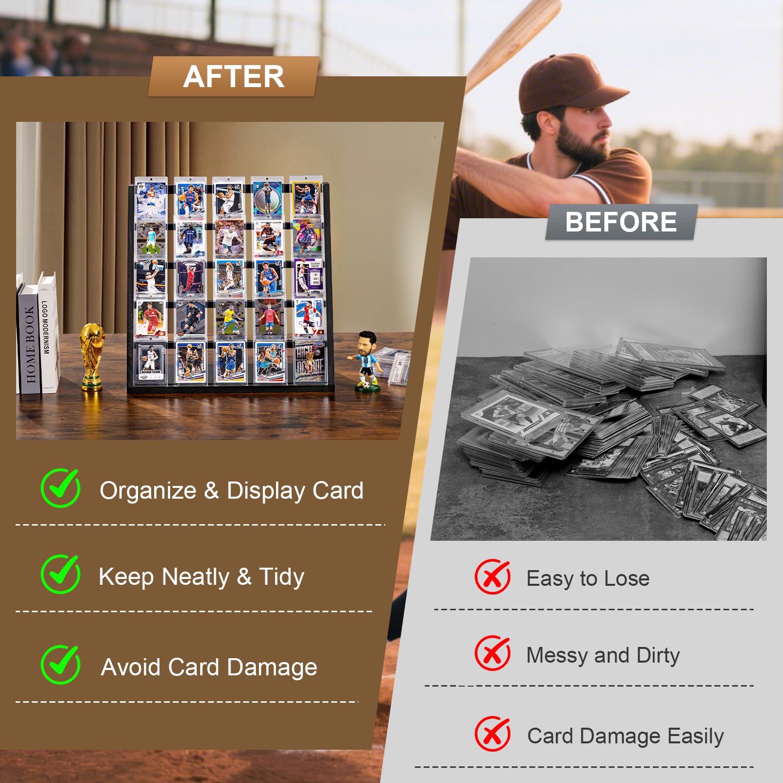 Emfogo easy-assembly trading card stand saves setup time on your desk.