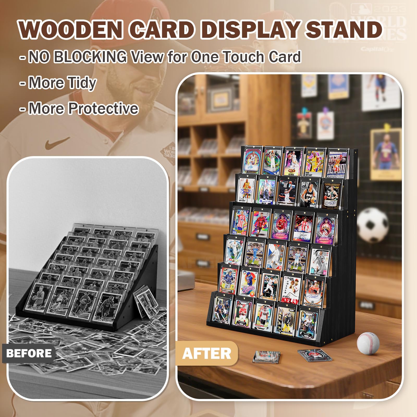 Emfogo wood display base provides stable support to protect cards