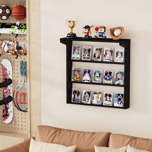 Emfogo wooden display stand with top shelf holds signed items and photos beautifully.