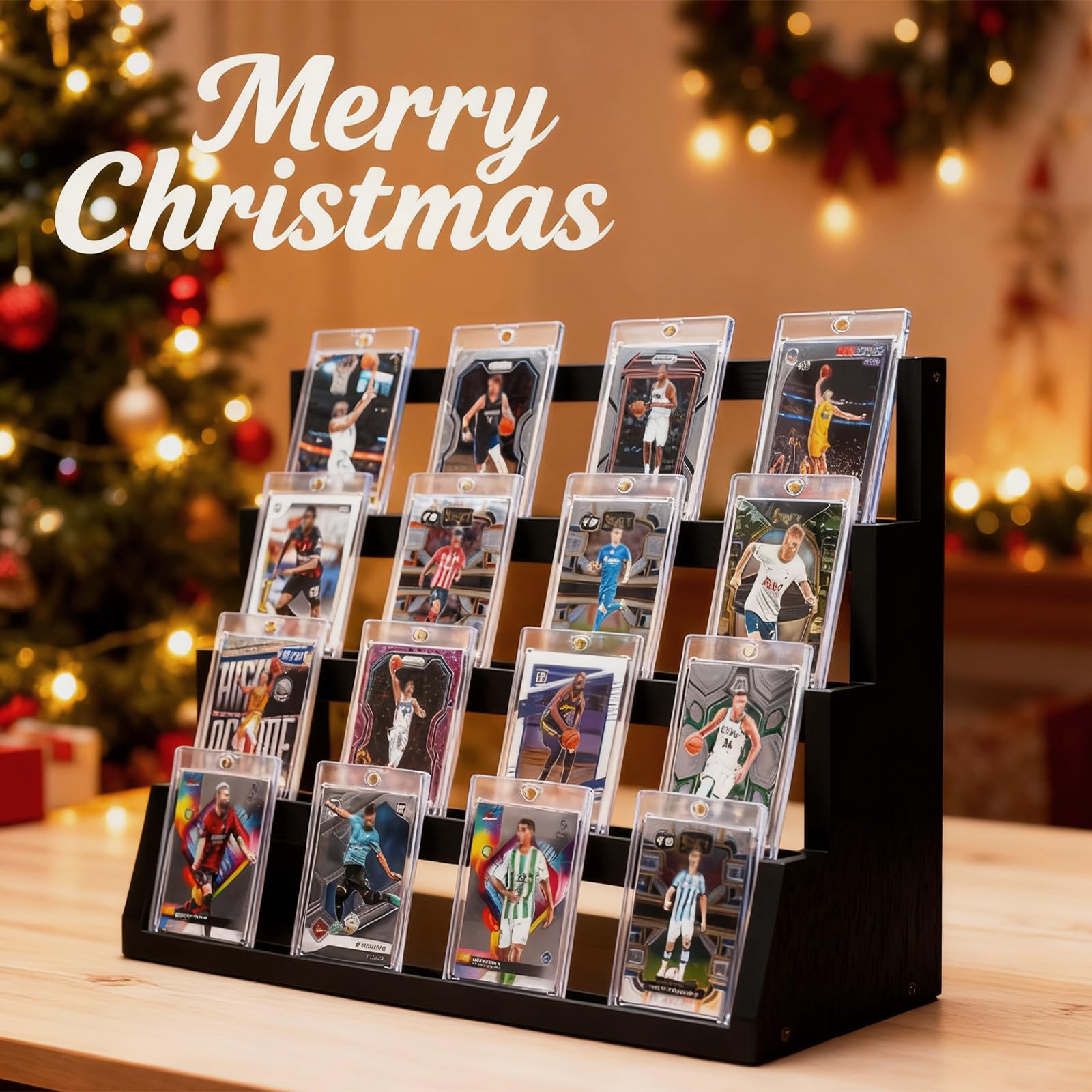 Emfogo wooden display with stepped tiers ideal for graded cards