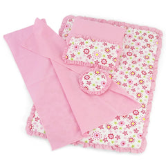 Emily Rose 18-inch doll bedding set with reversible floral print for imaginative play and quick style changes.