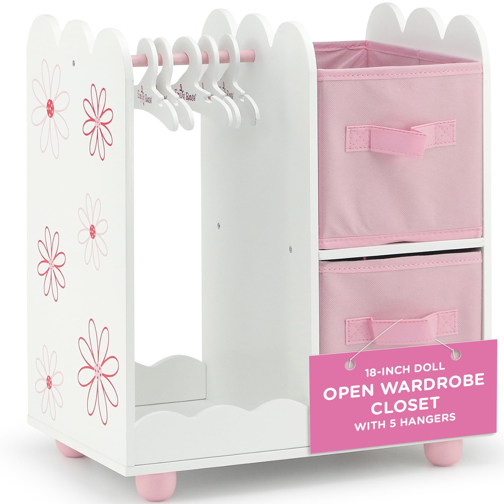 Emily Rose 18-inch doll wardrobe open storage for organized outfits.