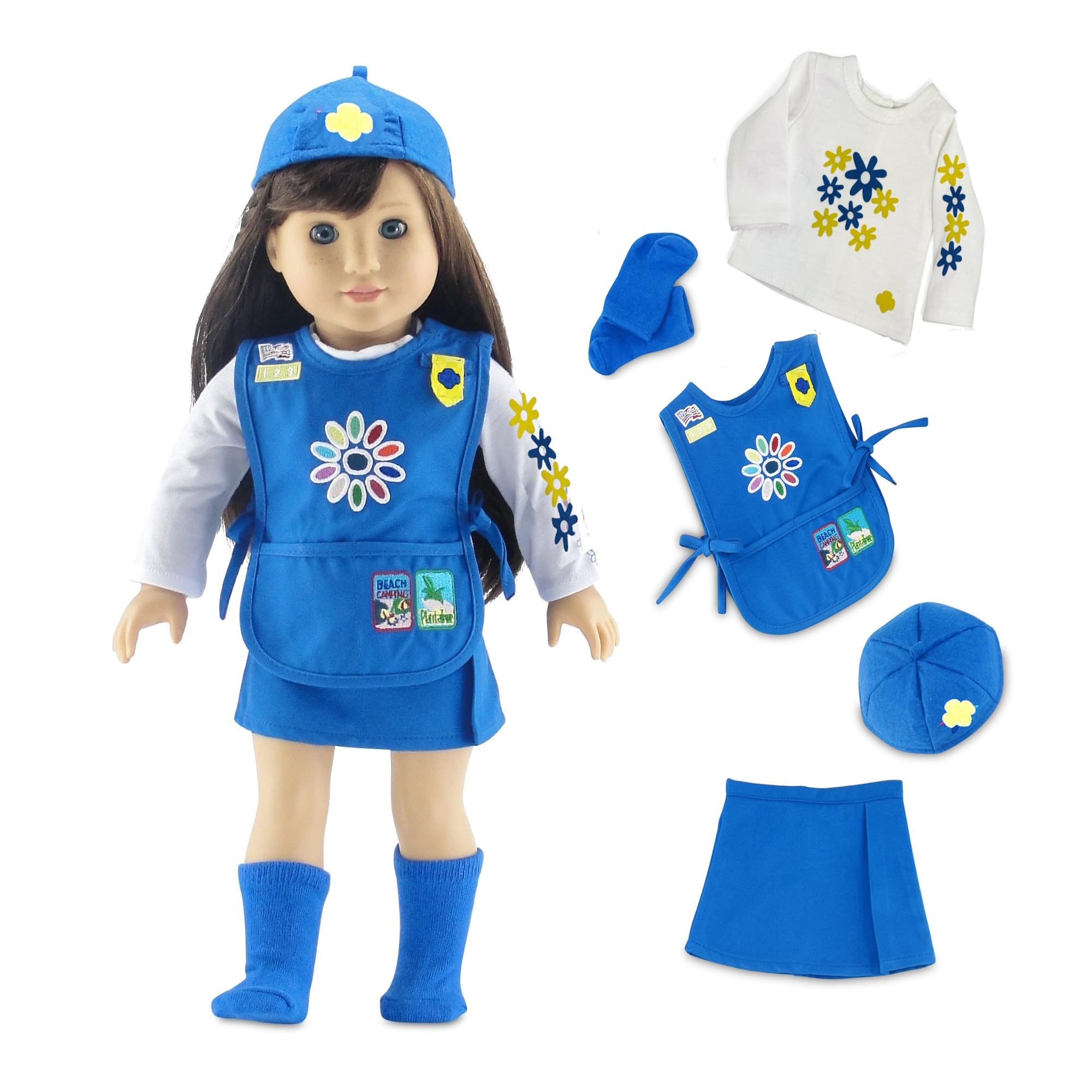 Emily Rose 18-inch daisy uniform skirt for versatile doll styling.