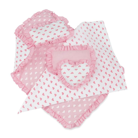 Emily Rose 18-inch doll bedding with reversible heart comforter for versatile play setups.
