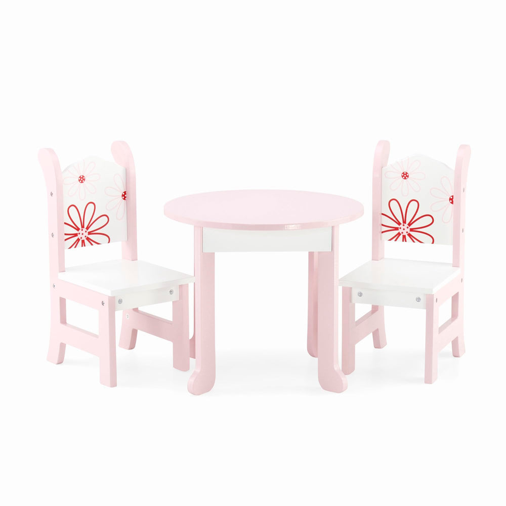 Emily Rose 18-inch doll dining table in white-pink finish for stylish tea parties.