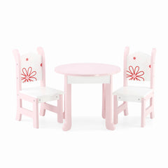 Emily Rose 18-inch doll dining table in white-pink finish for stylish tea parties.