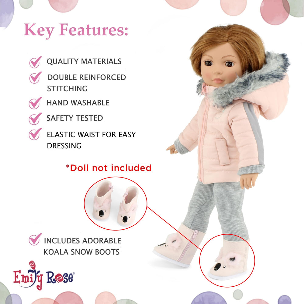 Emily Rose koala snow boots for 18-inch dolls, easy on/off for imaginative outings.