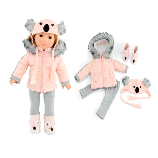 Emily Rose koala winter jacket on an 18-inch doll, cozy warmth for winter adventures.