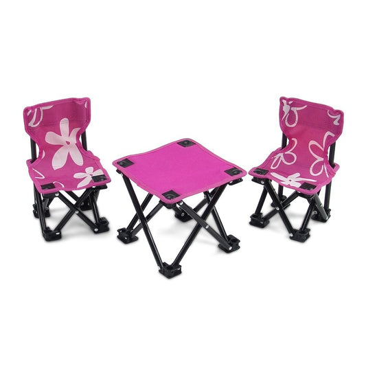 Emily Rose 18-inch doll camping chairs in pink with white flower design.