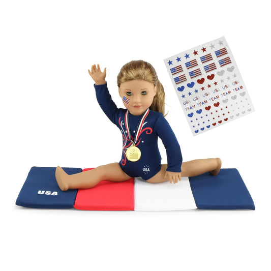 Emily Rose 18-inch doll gymnastics leotard in red, white, and blue for stylish practice.