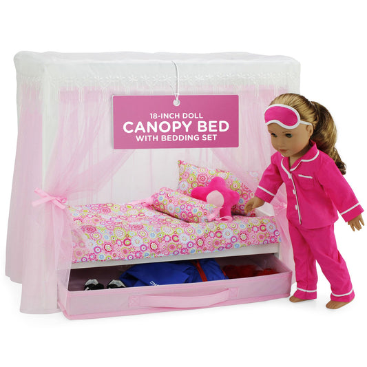Emily Rose 18-inch doll canopy bed in white wood with pink curtains for royal play