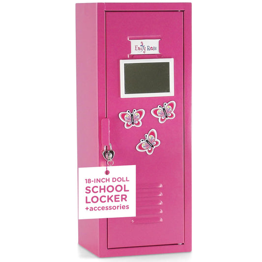 Emily Rose 18-inch doll storage locker pink front view for organized playroom wardrobes.