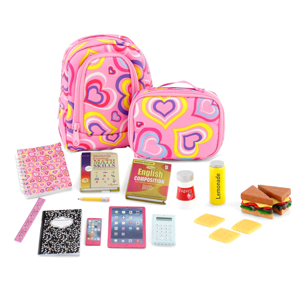 Emily Rose 18-inch doll backpack showcasing durable construction for pretend school days.
